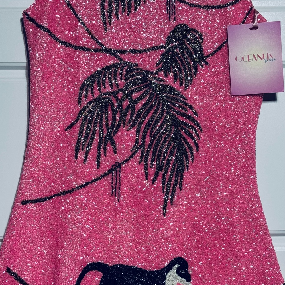 NWT Oceanus St Bart’s Hand-Beaded Crystal Pink Mini Dress Size M - Picture 4 of 8